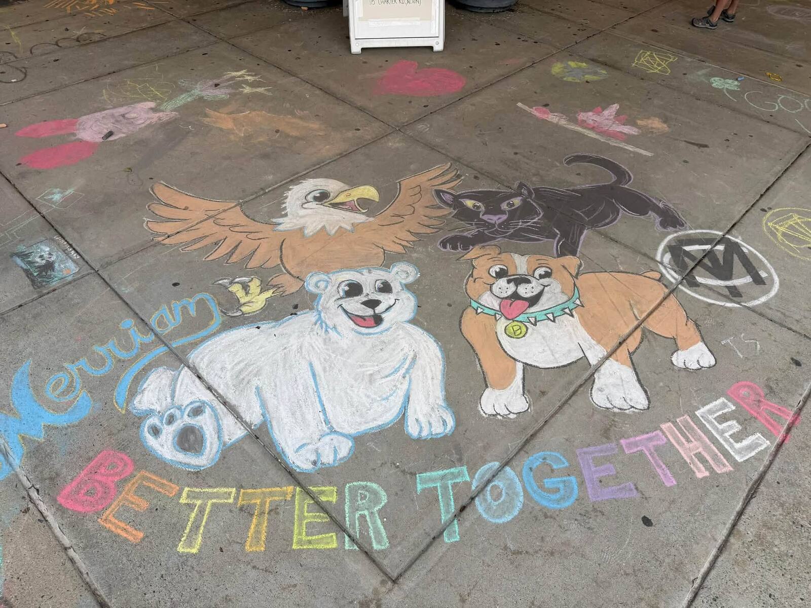 Chalk drawings of four school mascots &mdash; an eagle, a panther, a polar bear, and a bulldog &mdash; above the words "Better Together".